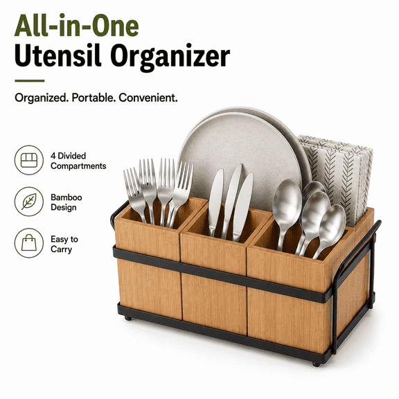 VALUNE Wood Utensil Holder, Silverware Caddy & Flatware Organizer Box, Paper Plate Dispenser for Spoons Forks Plates Napkins