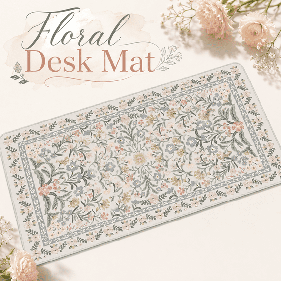 VALUNE XXL Large Desk Mat, Anti-Slip Stitched Edges Desk Pad, Cute Computer Keyboard Mouse Pad (Gray Floral)