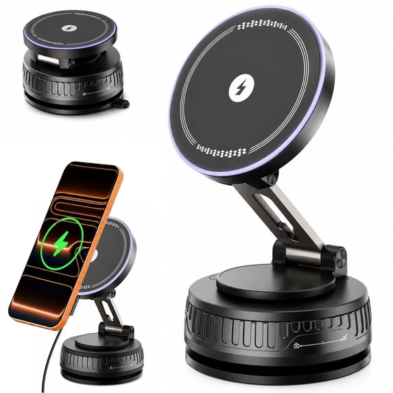 VAMOUT Magnetic Wireless Car Mount Charger, 15W Wireless Fast Charging Magnetic Phone Holder for Car with Vacuum Suction Cup, 360° Rotatable Phone Mount for iPhone 17~12 Pro Max & Android