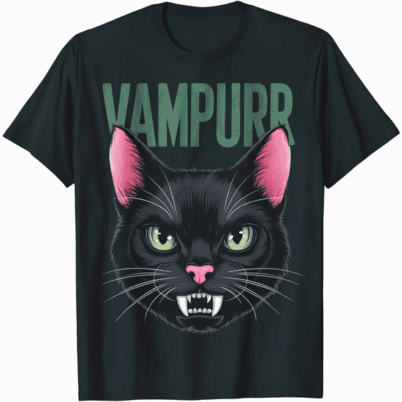 VAMPURR Pun Black Cat Fangs for Women Men Graphic Short Sleeve T-Shirt