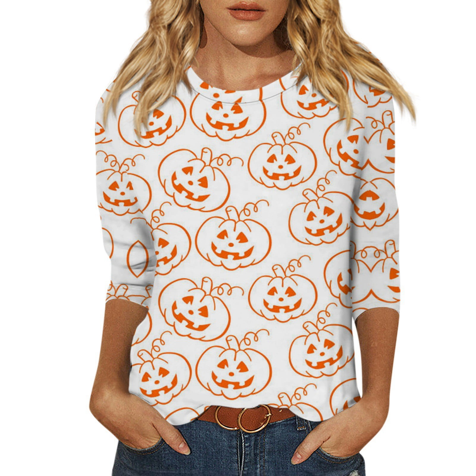 VAMUKO Halloween Shirts for Plus Size Women Ghost 3/4 Sleeve Crew Neck