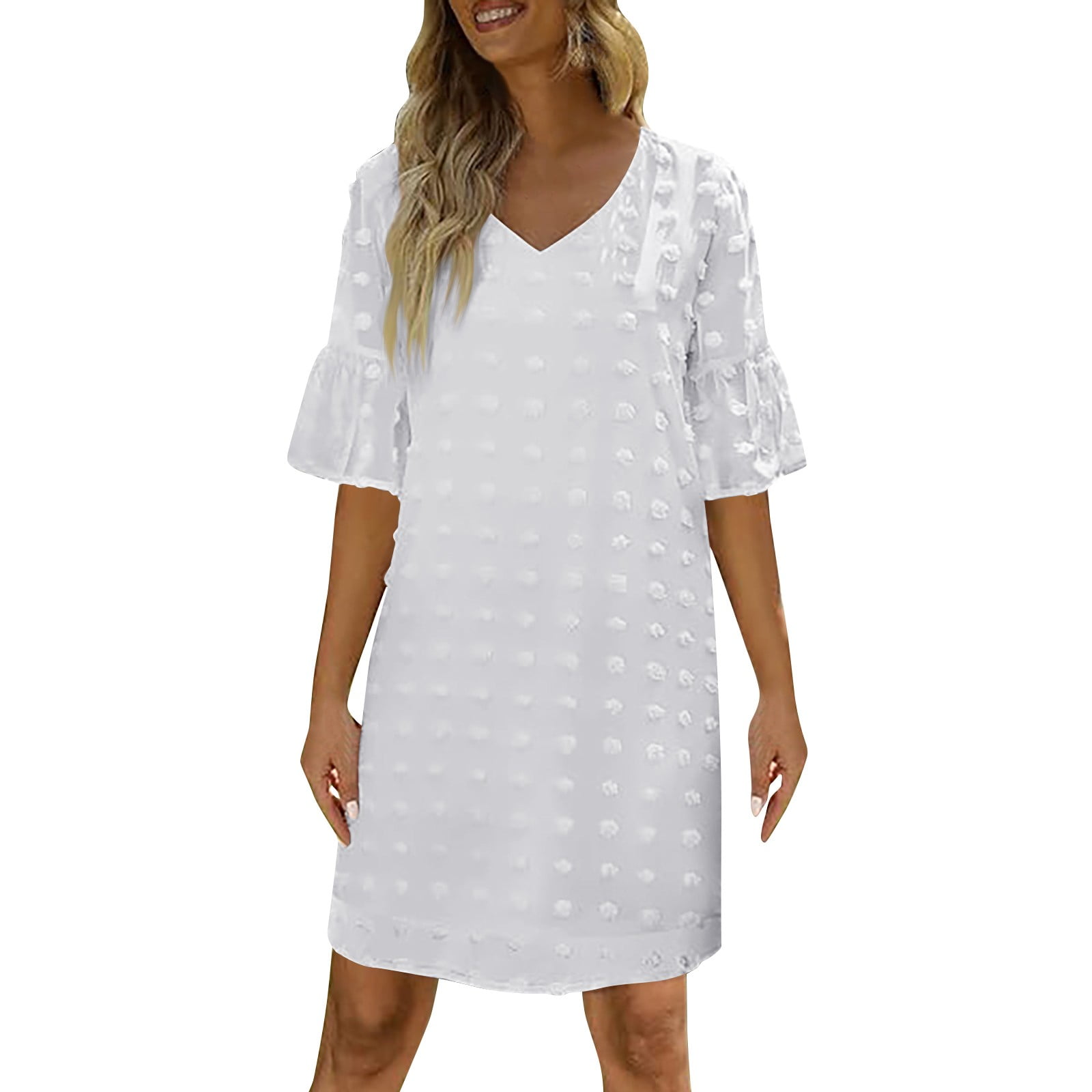 VAMUKO Womens White Dresses Short Sleeve V Neck Ruffle Cute Sun Dress