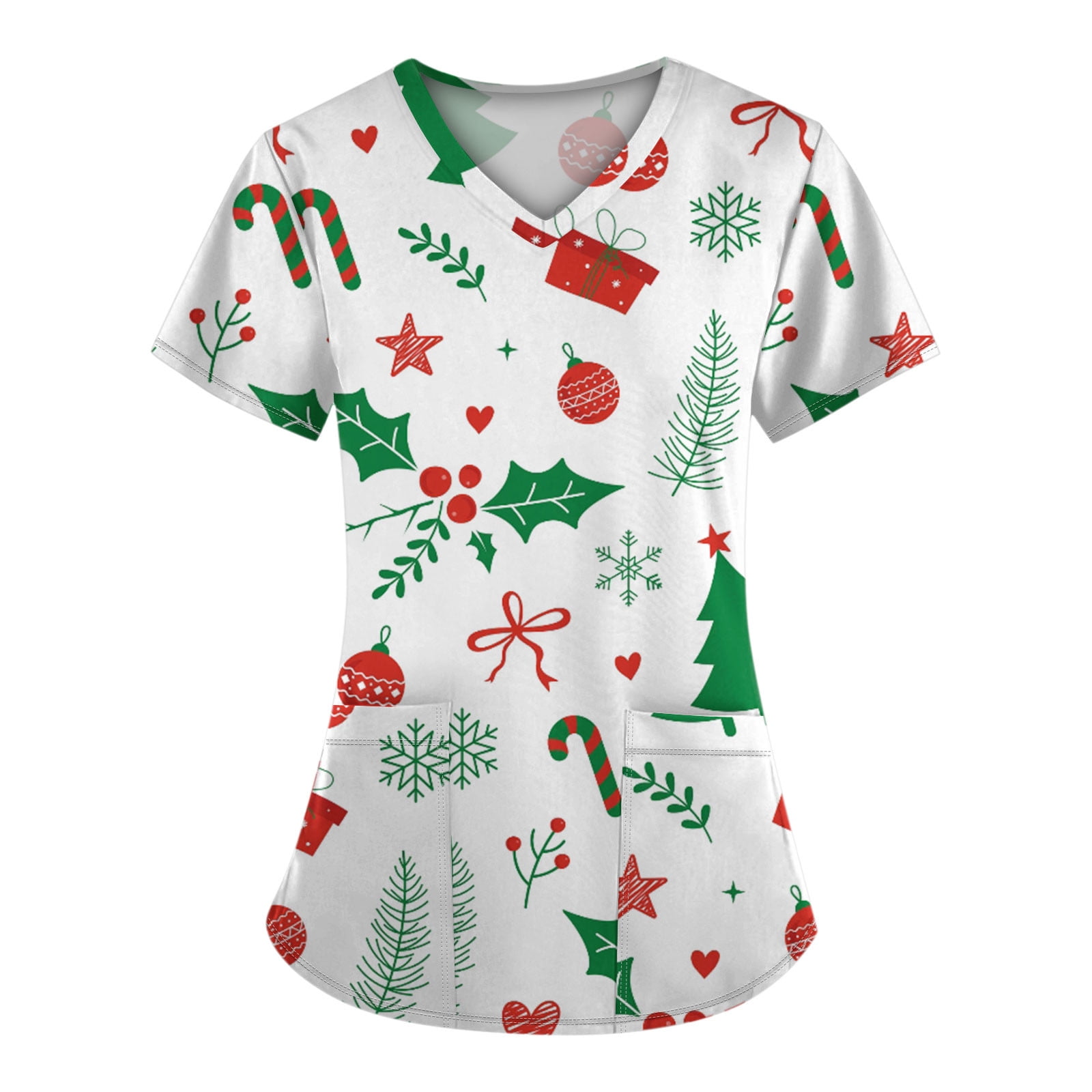 VAMUKO Women Christmas Cartoon Pattern Scrubs Tops V Neck Short Sleeve
