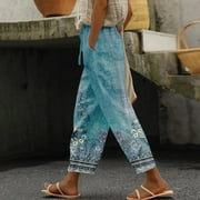 VAMUKO Womens Linen Pants High Waisted Summer Floral Print Capri Pants Elastic Waist Tapered Pants Casual Trousers Plus Size Blue XL