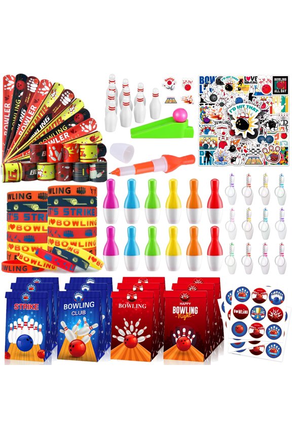 Bowling Party Favors Themed Birthday Party Decorations Include Keychains Slap Bracelets Goodie Bags Stickers Mini Bowling Game Toy Set Bowling Party Favors Gifts for Pinata Filler A101