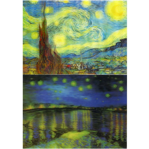 VAN GOGH: 2 Lenticular 3D Postcard Greeting Cards - Starry Night & Starry Night over the Rhone.
