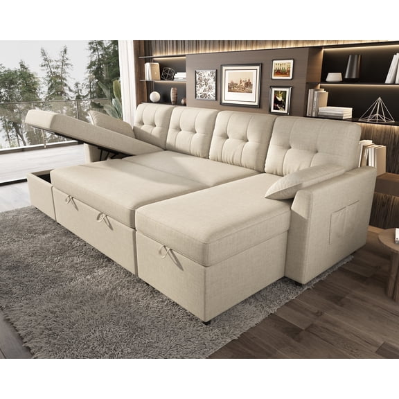 VANACC 112" Sectional Sofa with Double Storage Chaise,Reversible Pull Out Couch for Living Room,Beige