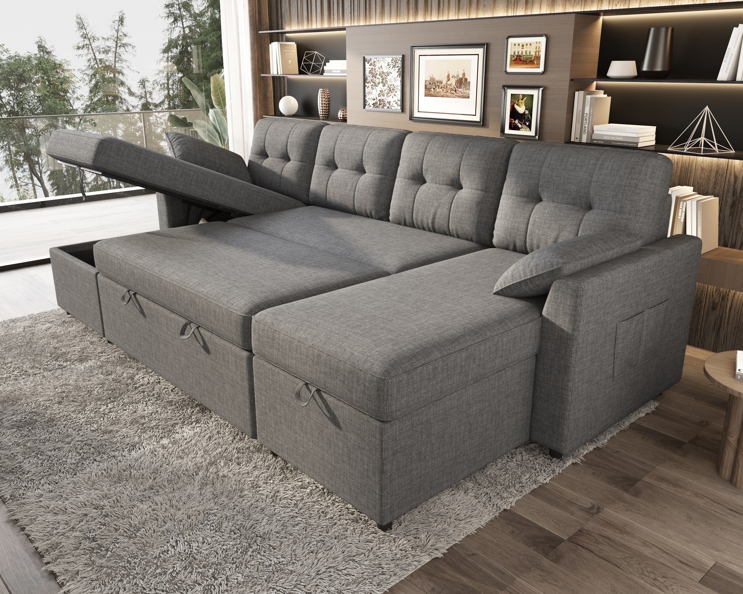 VANACC 91 Sectional Sofa Chaise with 3 Seat Reversible Pull Out Couch for Living Room Gray