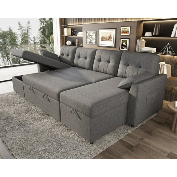 VANACC 112" Sectional Sofa with Double Storage Chaise,Reversible Pull Out Couch for Living Room,Gray