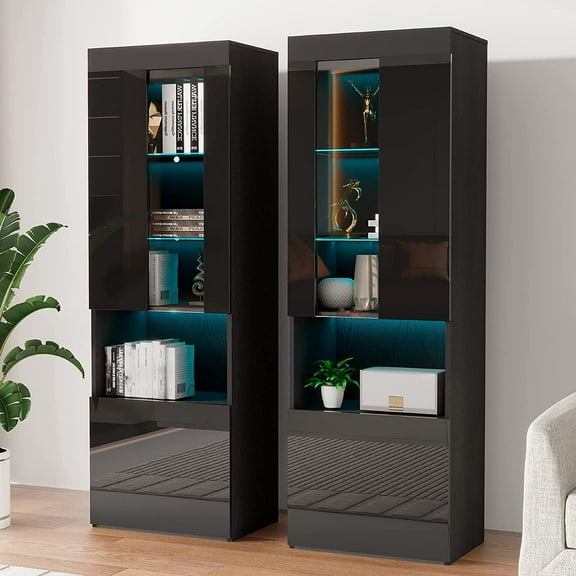 VANACC 2 Piece Bookcase Storage Cabinet, Wood Glossy Bookshelf with 3-Tier Shelvesï¼Living Room, Black