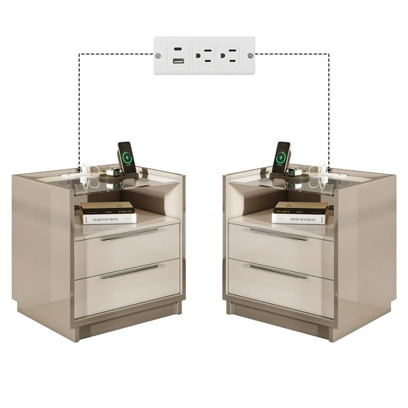 VanAcc 23.6" Nightstand Set of 2, High Gloss End Table with Glass Tabletop, Modern Bedside Table with Charging Station for Bedroom, Cream & Gray