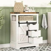 VANACC 24" Farmhouse Bathroom Floor Cabinet, Small Bathroom Storage Cabinet with Sliding Barn Door & 3 Storage Drawers, Storage Cabinet Freestanding for Bathroom, Kitchen,Rustic Oak & White