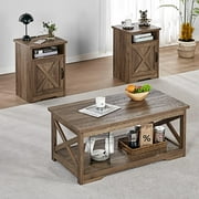 VANACC 3-Piece Farmhouse Table Set Includes Coffee Table& Two End Tables, Side Table with Charging Station and USB Ports, for Living Room, Bedroom,Barnwood