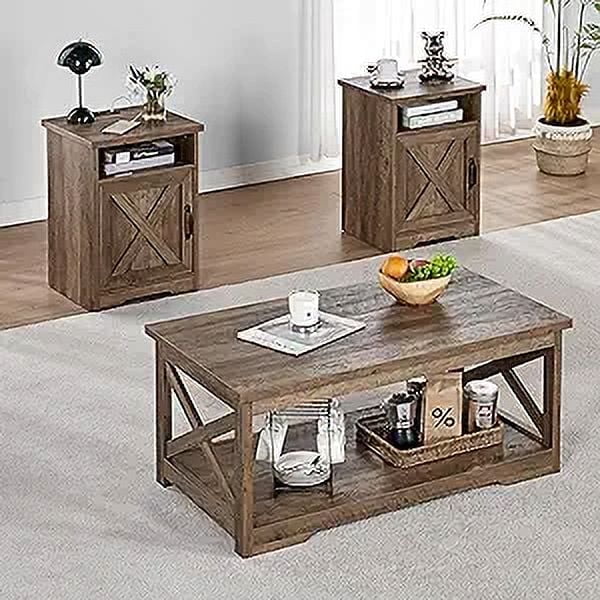 Barnwood Farmhouse 3-Piece Coffee and End Table Set with USB Ports