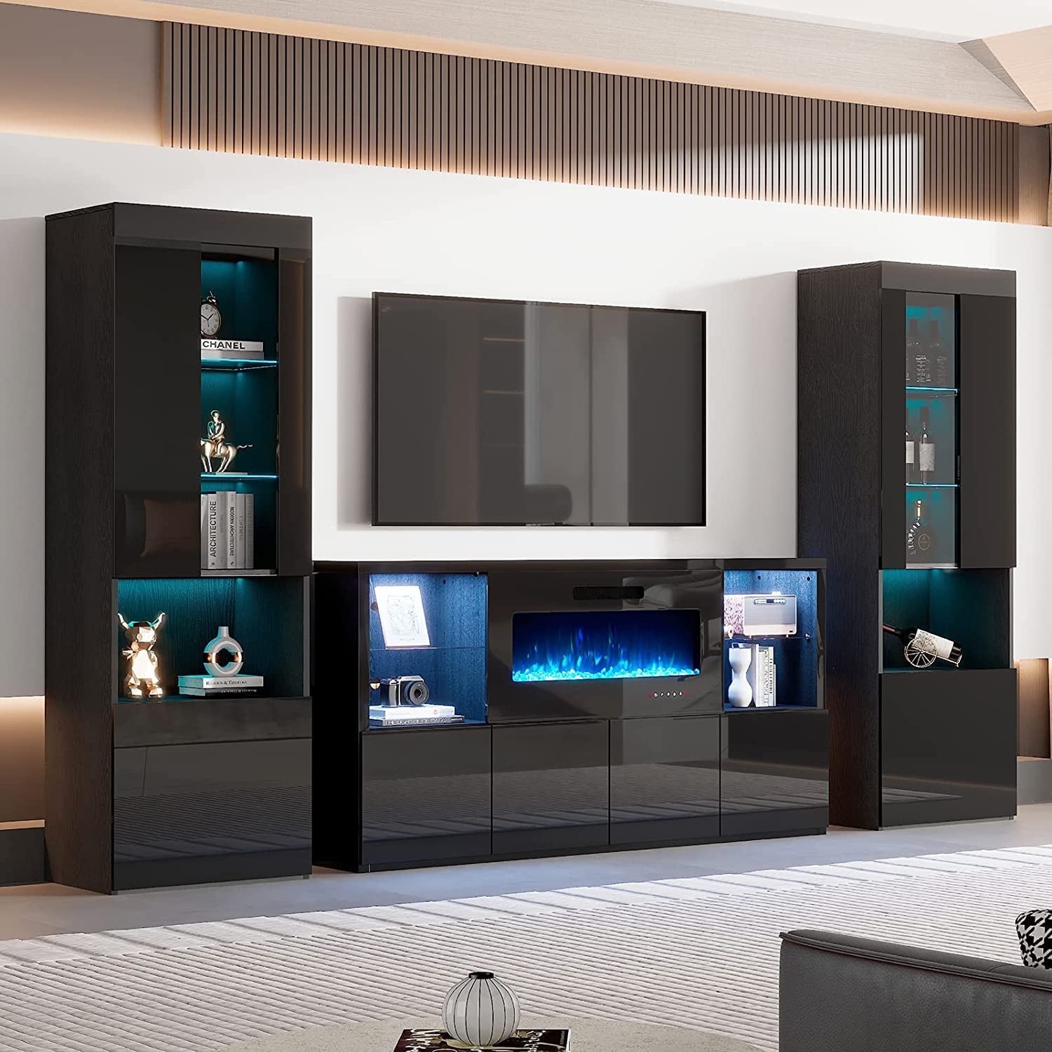 AMERLIFE 3-Piece High Gloss TV Stand with Electric Fireplace & RGB LED ...