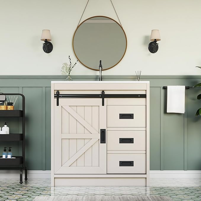 VANACC 31" Farmhouse Sliding Barn Door Bathroom Vanity with Sink Combo, Bathroom Vanity Cabinet ...