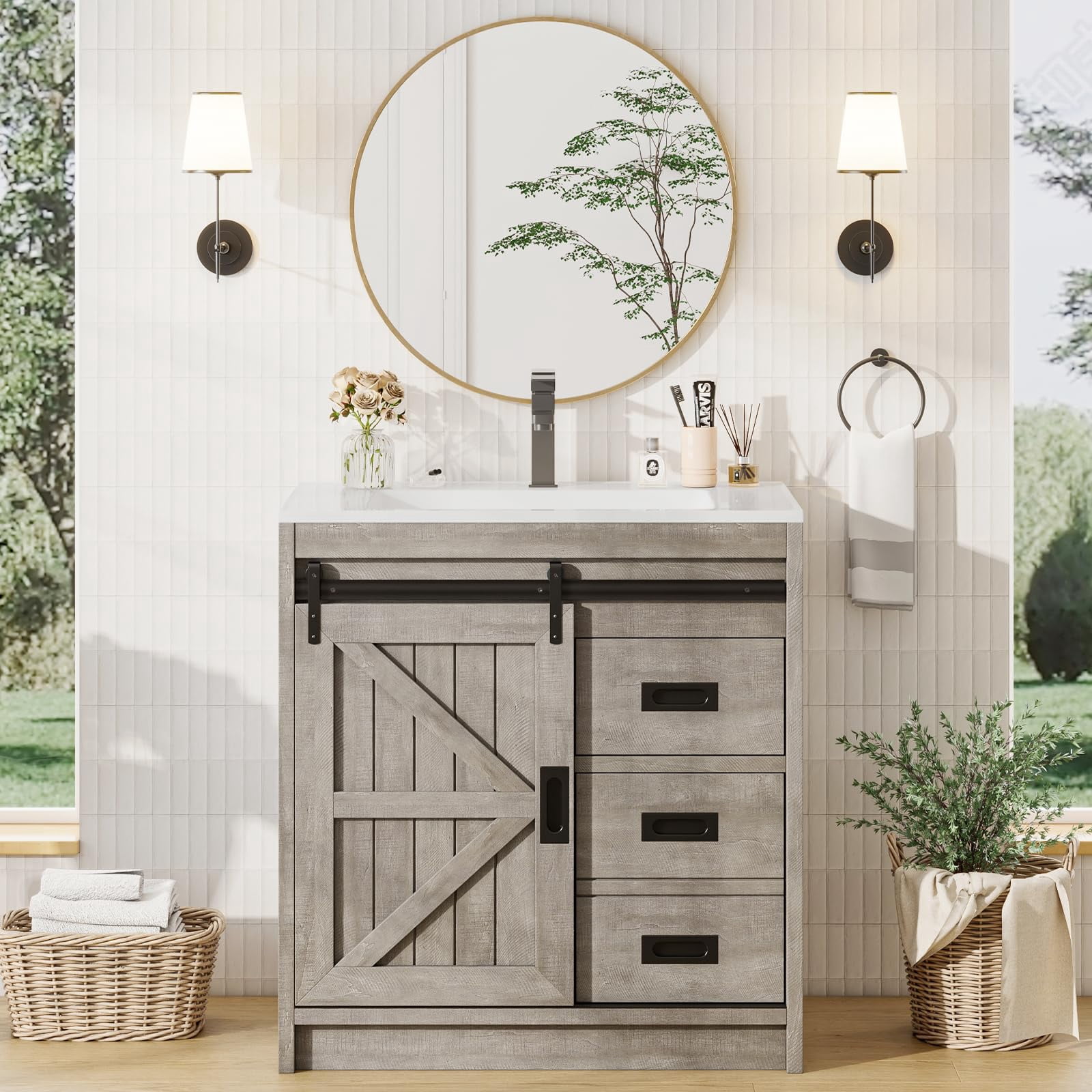 VANACC 31" Farmhouse Sliding Barn Door Bathroom Vanity with Sink Combo, Bathroom Vanity Cabinet with Drawers & Metal Handles, Freestanding, Gray
