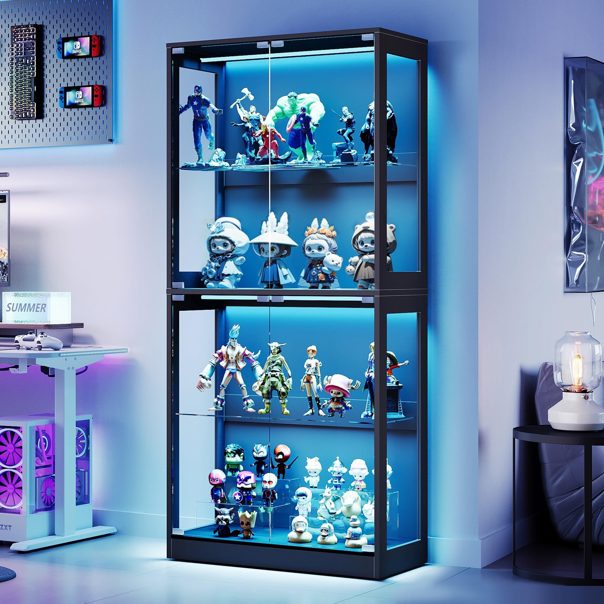 VANACC 32"×16" Display Cabinet with Glass Doors and RGB Lights, 4-Tier Storage Display Case, Adjustable Shelves, MDF and Tempered Glass, Black