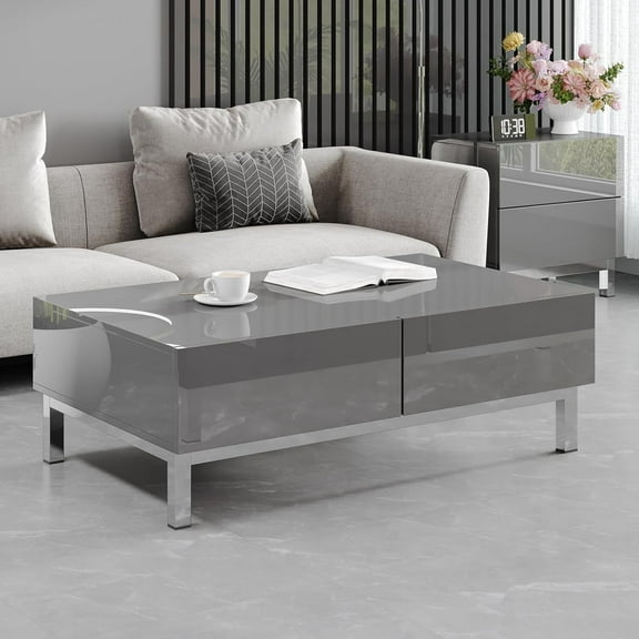 VANACC 40" High-Gloss Coffee Table, Modern Center Table with Drawers, Rectangular Cocktail Table for Living Room, Waiting Area, Office, Grey