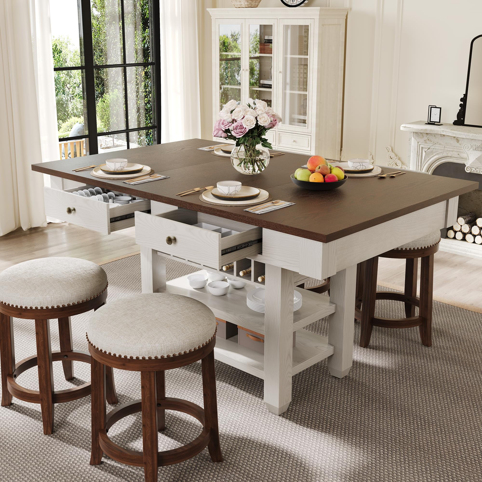 Farmhouse Dining Table With Storage VANACC 5-Piece Solid Wood Dining Table  Set With Drawers Counter, image size:2000x2000