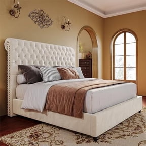 VanAcc 52.8" High Upholstered Bed Frame Queen Size Platform Sleigh Bed with Deep Button Tufted Headboard/Easy Assembly/Cream