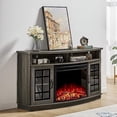 thumbnail image 1 of VANACC 59" Curved Fireplace TV Stand, Entertainment Center with Open Shelves and Farmhouse Glass Door TV Cabinet Console for TVs up to 65 Inches, Wash Grey, 1 of 8