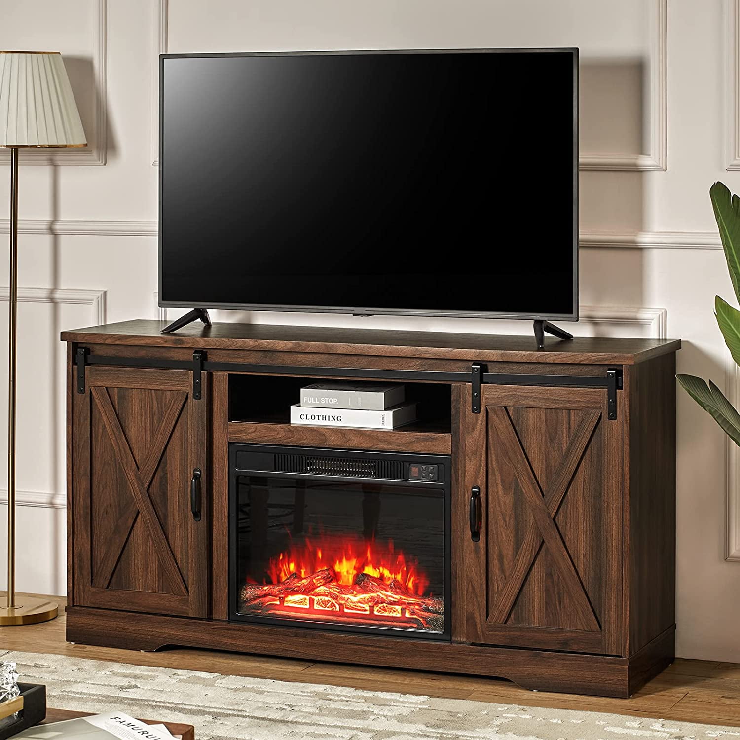 59" Farmhouse Fireplace Entertainment Center with Storage Cabinets/Adjustable Shelvesï¼Dark Walnut, TV Stand Fireplace with Sliding Barn Door for TVs up to 65"