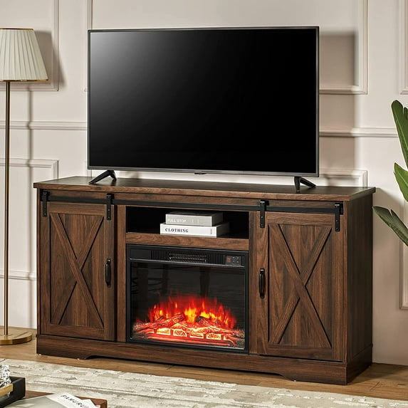 59" Farmhouse Fireplace Entertainment Center with Storage Cabinets/Adjustable Shelvesï¼Dark Walnut, TV Stand Fireplace with Sliding Barn Door for TVs up to 65"