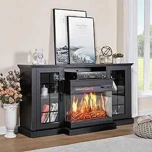 VanAcc Fireplace TV Stand with 3-Sided Glass, 59" Entertainment Center with Farmhouse Glass Door Storage Cabinet, TV Console for TVs up to 65"/Black