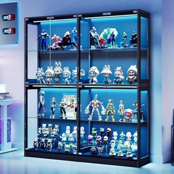 VANACC 60"×16" Display Cabinet with Glass Doors and RGB Lights, 4-Tier Storage Display Case, Adjustable Shelves, MDF and Tempered Glass, Black