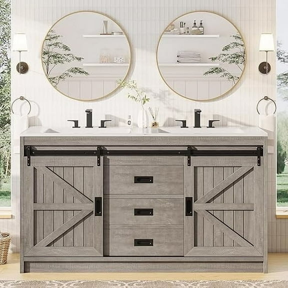 VanAcc 61" Farmhouse Double Bathroom Vanity with Sink Combo, Dual Basin Bathroom Storage Cabinet with Sliding Barn Doors & Drawers, Gray