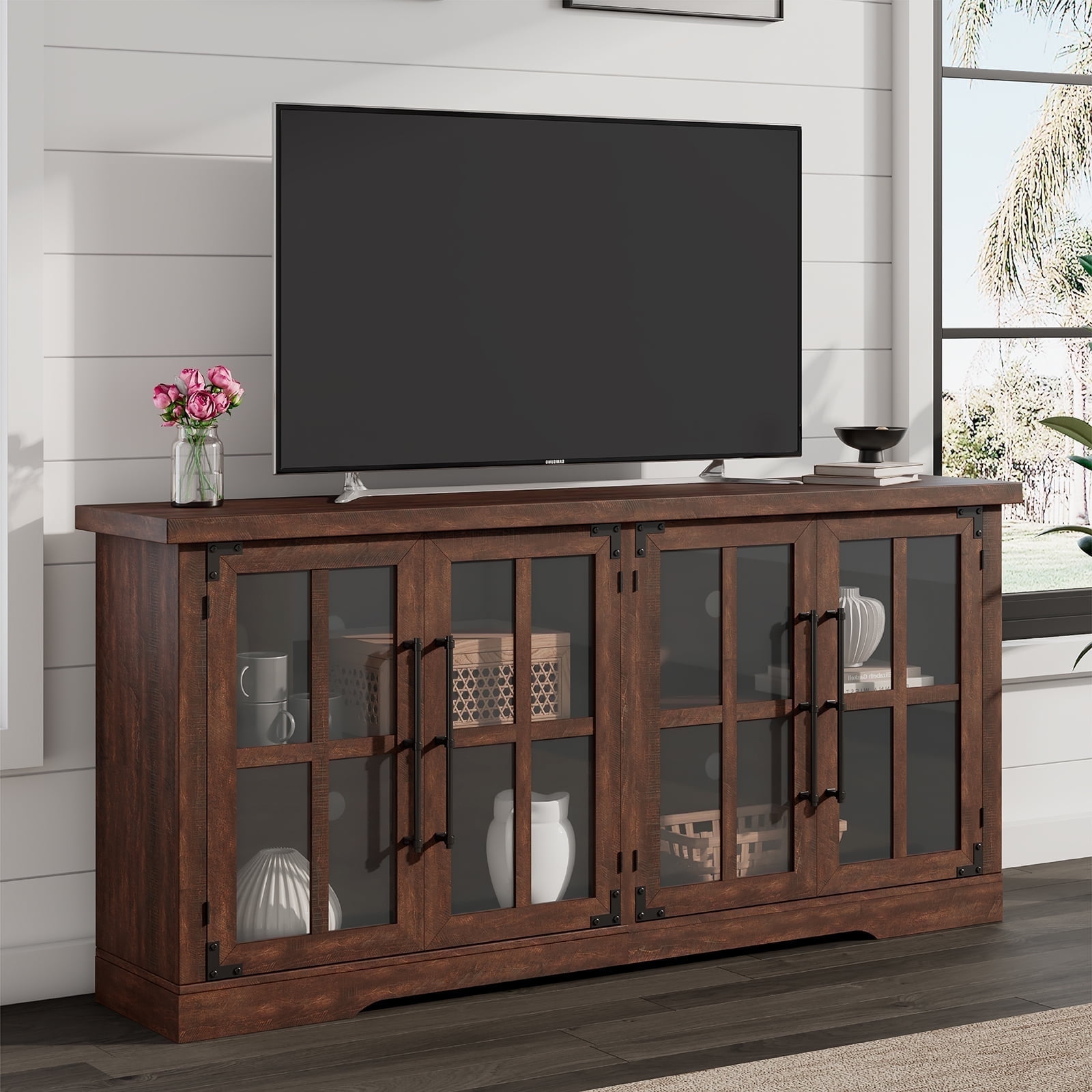 VANACC 63" Farmhouse TV Stand with 4 Glass Door & Strong Storage, Espresso