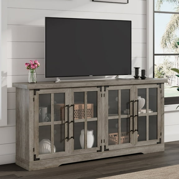 VANACC 63" Farmhouse TV Stand with 4 Glass Door & Strong Storage, Wash Grey
