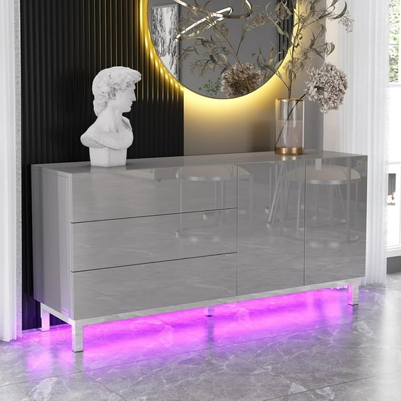 VANACC 63" High Gloss Electroplated Sideboard Buffet Storage Modern Cabinet with LED Lights, for Living Room, Dining Room, Entryway, Grey