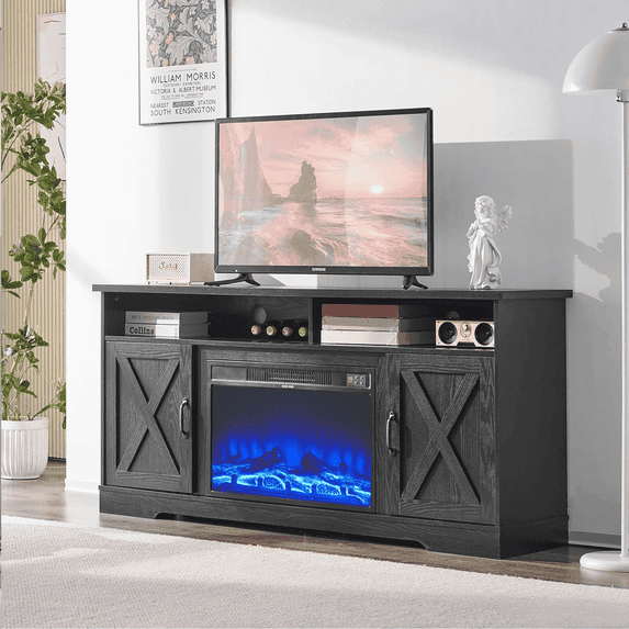 VANACC 63" TV Stand with 26" Fireplace, 63" Entertainment Center for TVs up to 73", Antique Black & Oak