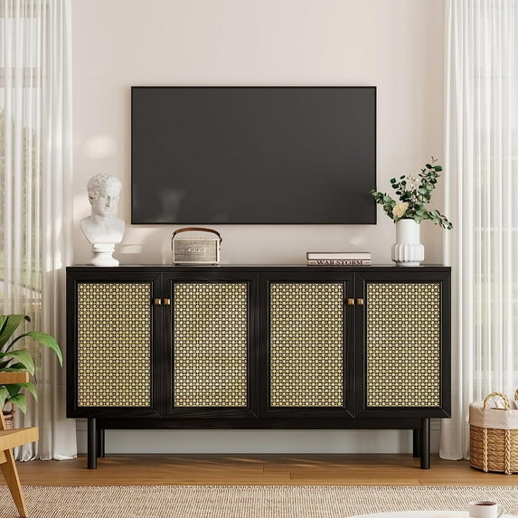 VANACC 63" TV Stand with Metal Mesh Doors & Adjustable Shelf, Black