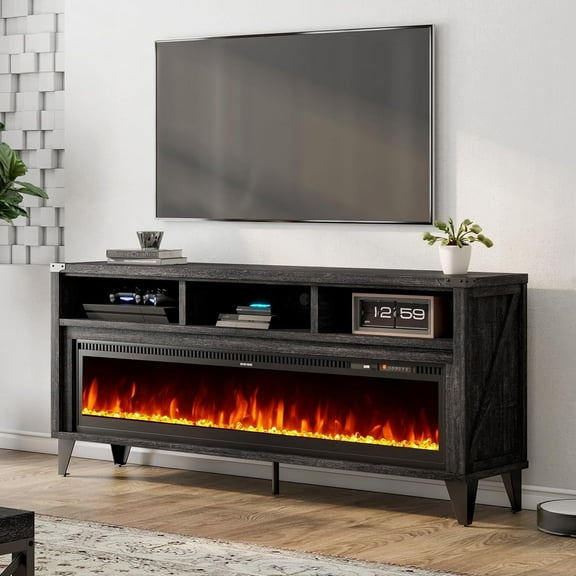 VANACC 65" Farmhouse Sturdy Fireplace TV Stand with 60" Fireplace, Black
