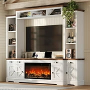 VANACC 98" Farmhouse TV Stand with Fireplace, Entertainment Center, Bookshelf, Wall Unit Media Console with Power Outlets & Barn Doors, Off-White