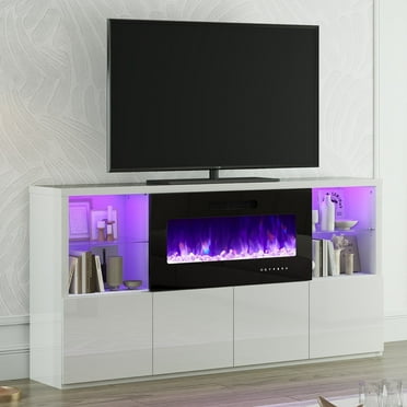 VANACC 68" Electric Fireplace TV Stand for TVs up to 75", Modern High Gloss Entertainment Center with 40" Fireplace, White