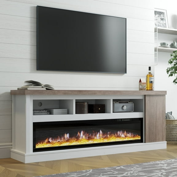 VanAcc 75” Fireplace TV stand with 60”, Chunky Entertainment Center with, Color Clash Entertainment Stand for TVs up to 85”, White&Grey