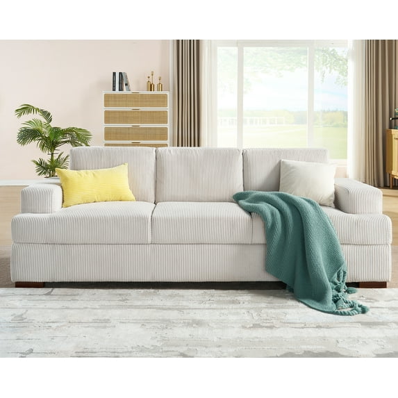 Vanacc 89in Couch, Comfy Sofa with Wood Legs, 3 Seater Modern Sofa- Deep Seat Couches for Living Room, White Corduroy
