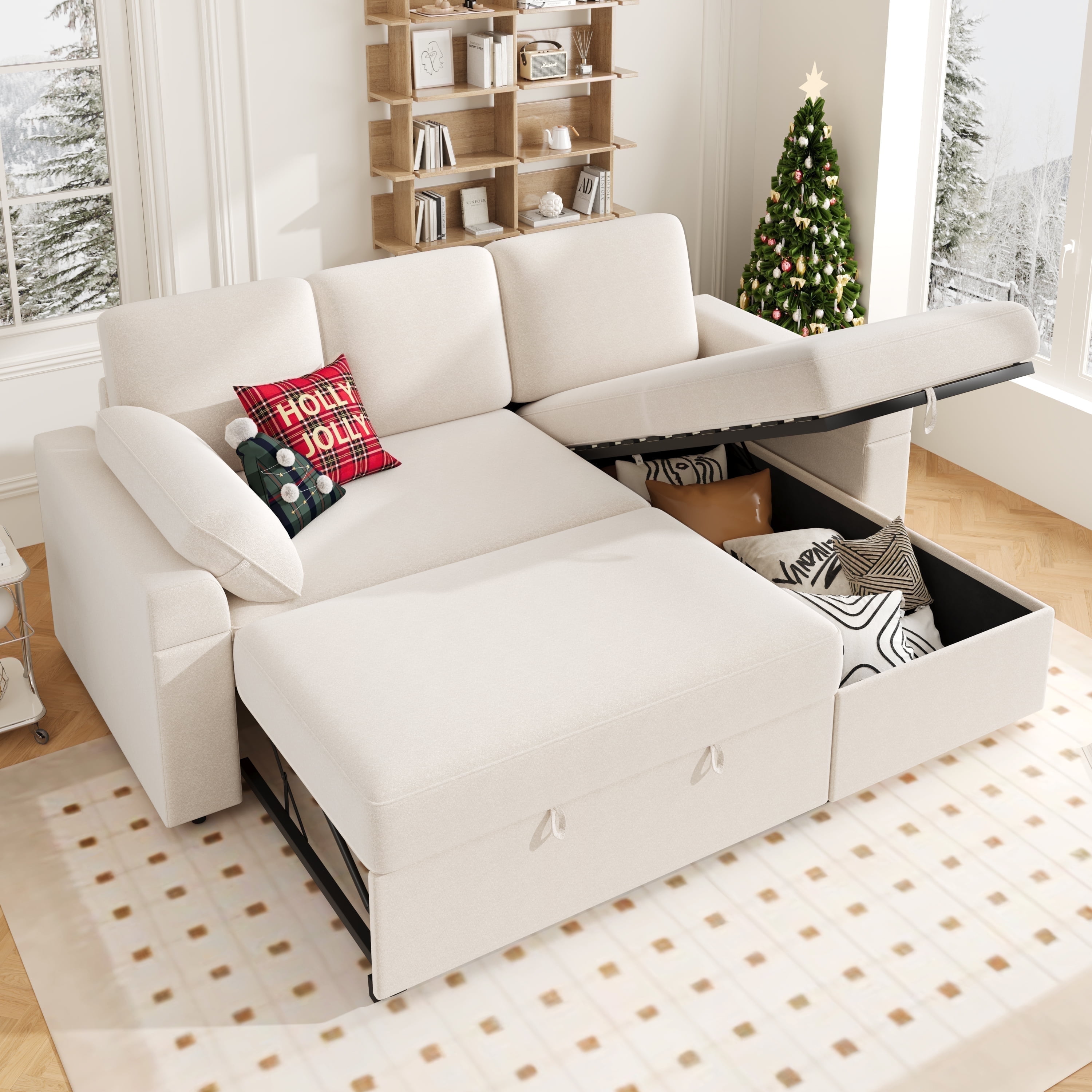 VANACC 91 Sectional Sofa Chaise with 3 Seat Reversible Pull Out Couch for Living Room Gray