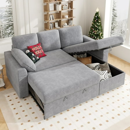 VANACC 91" Sectional Sofa Bed with Storage,Reversible Pull Out Sleeper Couch for Living Room,Grey