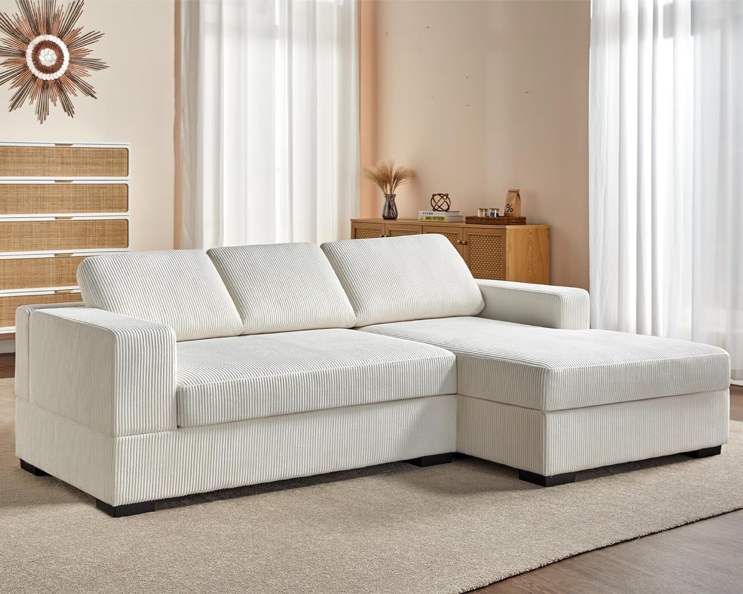 Oversized White Corduroy Three-Piece Sleeper Sectional Sofa