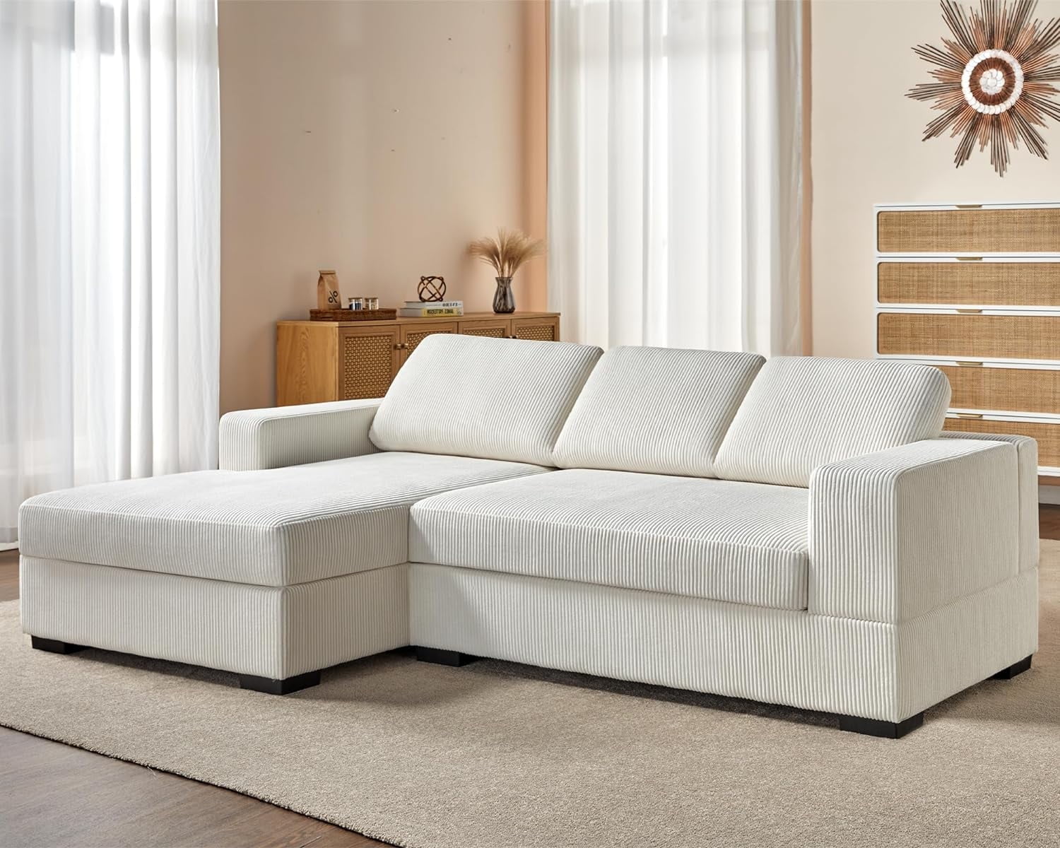 Oversized White Corduroy Three-Piece Sleeper Sectional Sofa