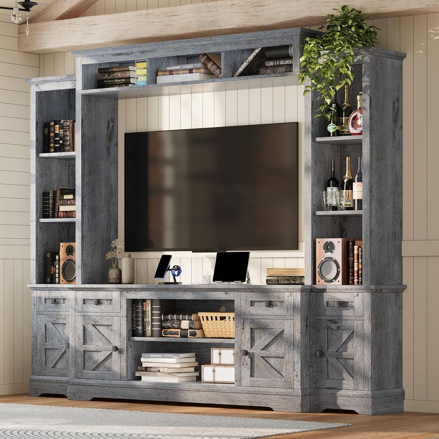 VANACC 98" Farmhouse TV Stand, Rustic Entertainment Center with Barn Door & Charging Station, Grey