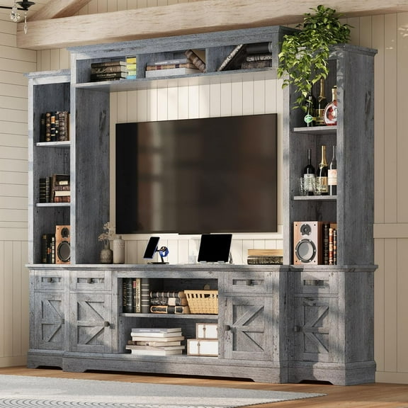 VANACC 98" Farmhouse TV Stand, Rustic Entertainment Center with Barn Door & Charging Station, Grey