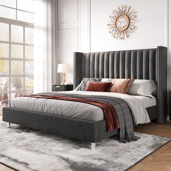 VanAcc Bed Frame Queen Size Tufted Bed With Vertical Channel Velvet Headboard/No Box Spring Needed/Easy Assembly/Grey