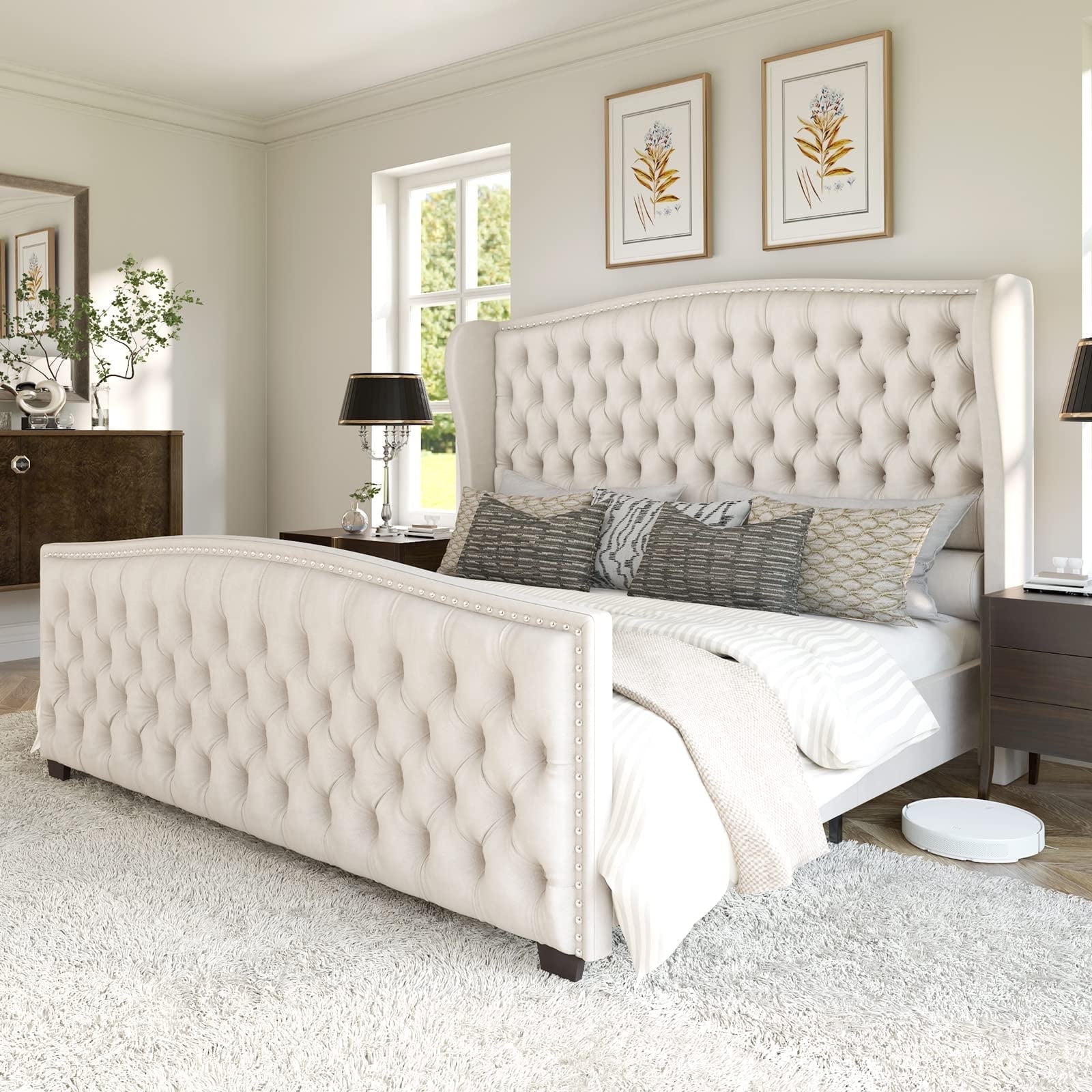 VanAcc California King Size Platform Bed Frame, Velvet Upholstered Bed with Deep Button Tufted & Nailhead Trim Wingback Headboard, Cream
