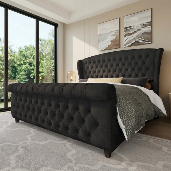 VanAcc California King Size Platform Bed Frame, Velvet Upholstered Sleigh Bed with Scroll Wingback Headboard & Footboard/Button Tufted, Black
